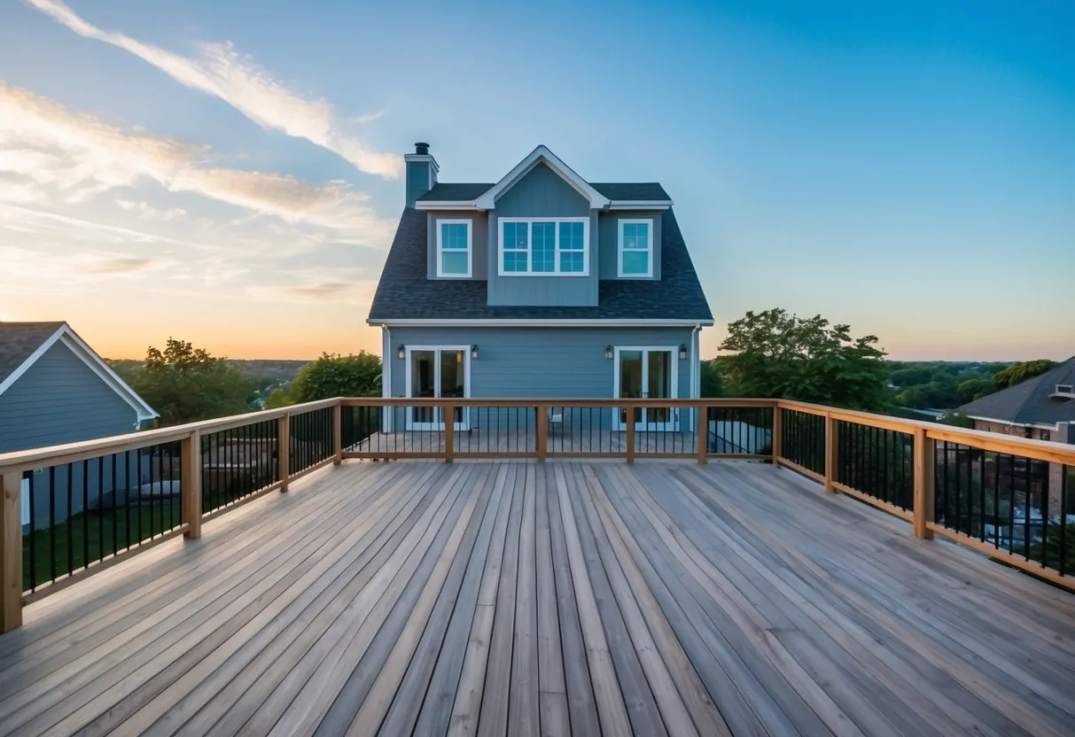 5+ Deck Ideas Off Back of House: 5 Practical Designs to Enhance Your Outdoor Space 6 A spacious rooftop deck extends from the master bedroom deck, overlooking the back of the house