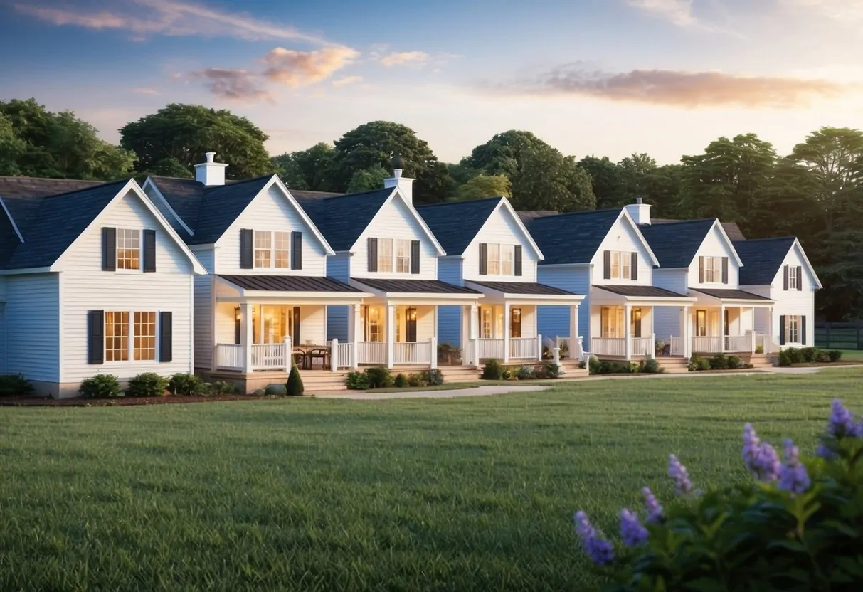 Seven cozy cottages nestled in a serene countryside, each with a welcoming front porch and beautiful garden, perfect for seniors seeking affordable retirement living