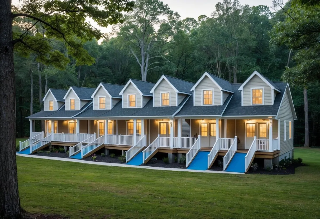 Seven cozy cottages nestled in a serene woodland setting, each with a welcoming front porch and wheelchair-accessible ramp