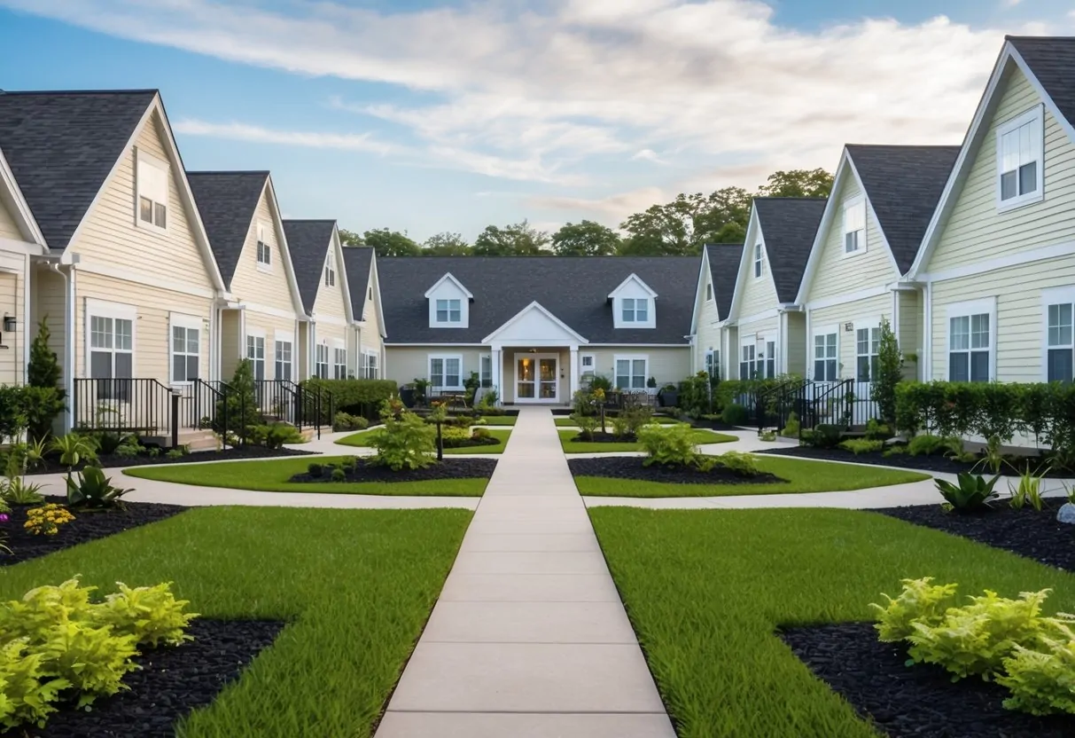 A row of cozy, single-story cottages surrounded by lush gardens and walking paths, with a community center at the heart of the complex