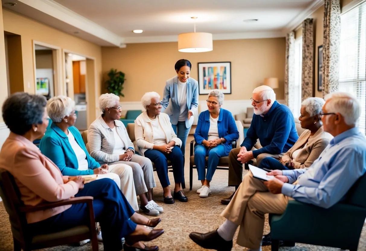 A group of seniors gather in a community room, discussing income-based housing options with a social worker. The room is filled with warm, natural light and comfortable seating