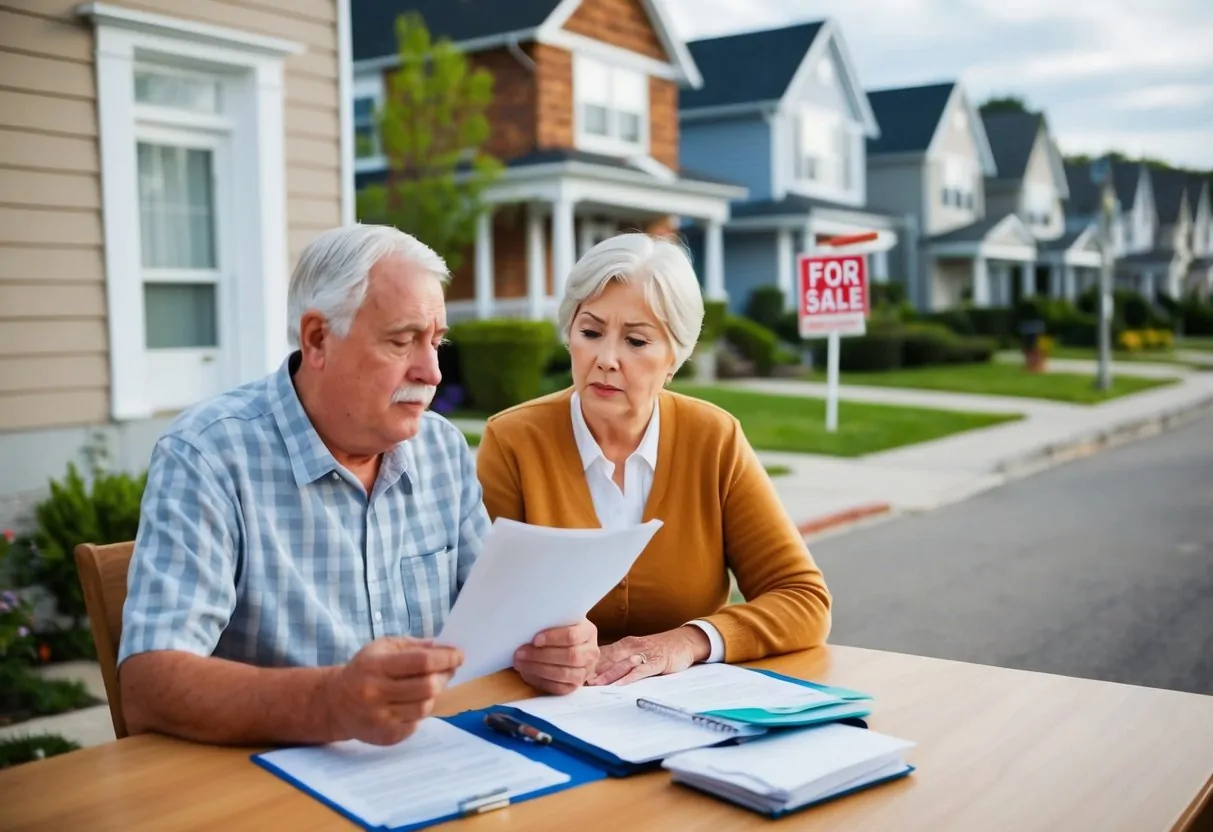 A senior couple sits at a kitchen table reviewing financial documents, a worried expression on their faces. Outside, a row of modest, well-kept homes line the street, with a "For Sale" sign in front of one