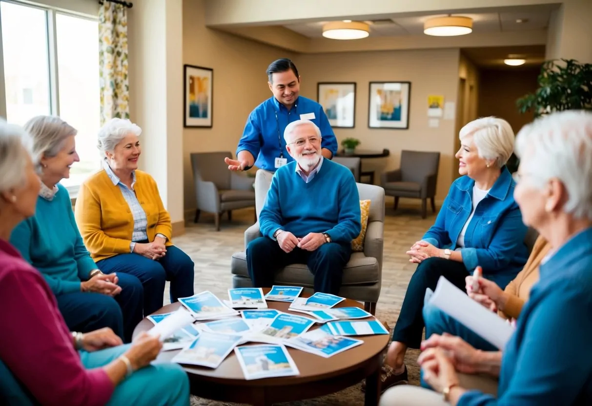 A group of seniors sitting in a cozy common area, surrounded by pamphlets and brochures about affordable housing options. A staff member is speaking to them, answering their questions