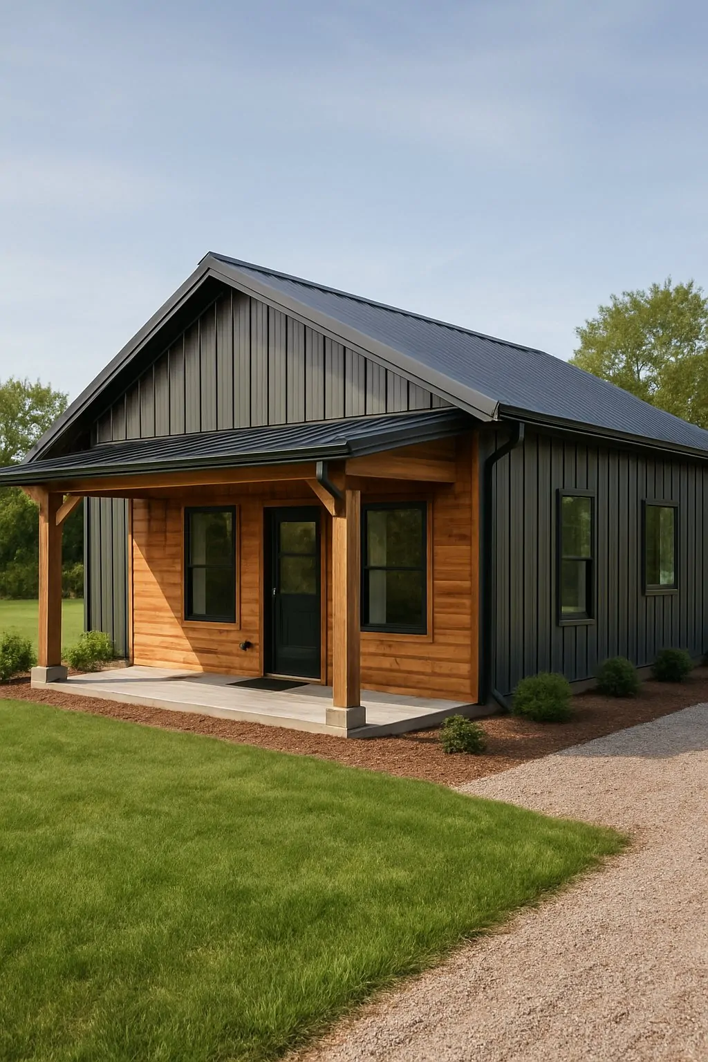 One Bedroom Barndominium Plans Designed for Efficient Living and Style 2 A single-story one bedroom barndominium house with wood and metal siding, large windows, and a front porch surrounded by grass and a gravel driveway.