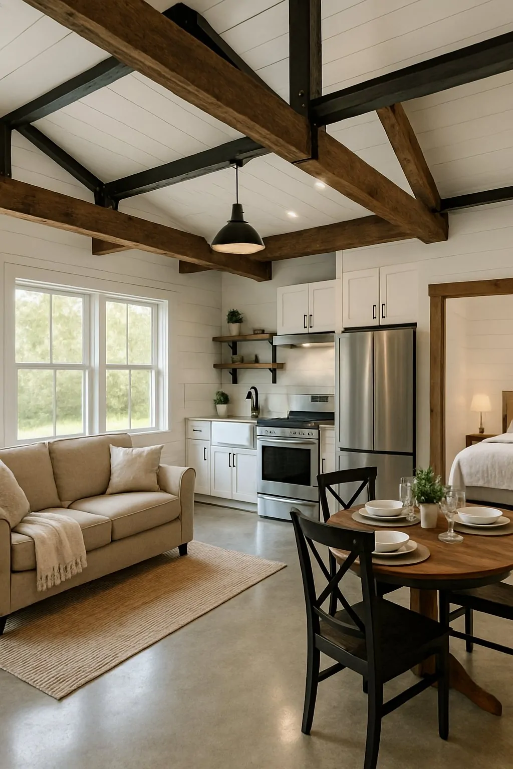 One Bedroom Barndominium Plans Designed for Efficient Living and Style 8 Interior of a one-bedroom barndominium showing a living area, dining table, kitchen, and a bedroom in the background.