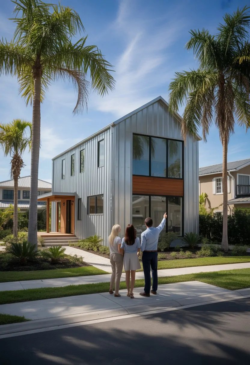 A modern barndominium house in a sunny Florida neighborhood with palm trees and a couple talking to a real estate agent outside.