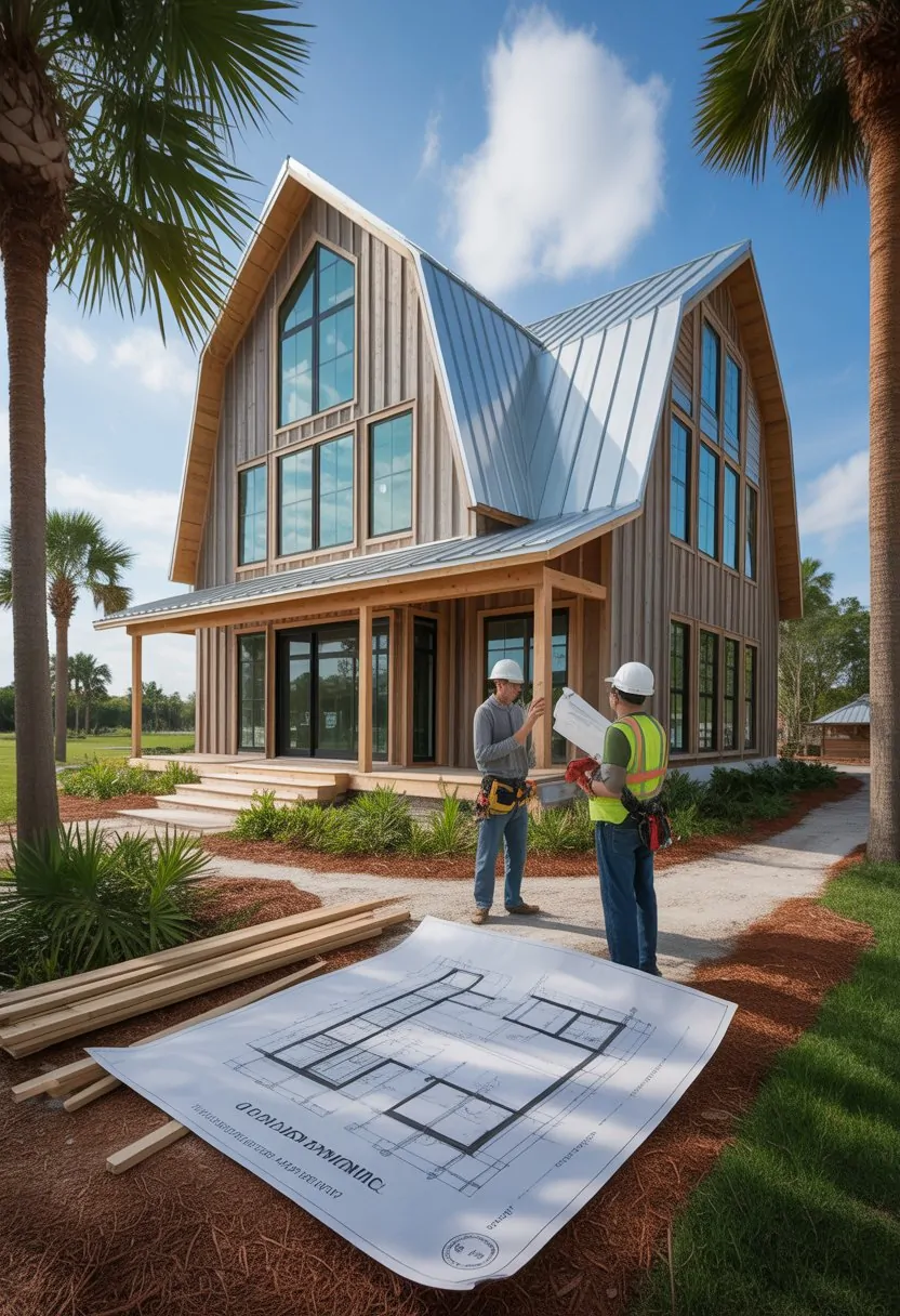 A modern barndominium house in Florida with construction workers inspecting the building surrounded by palm trees and greenery.