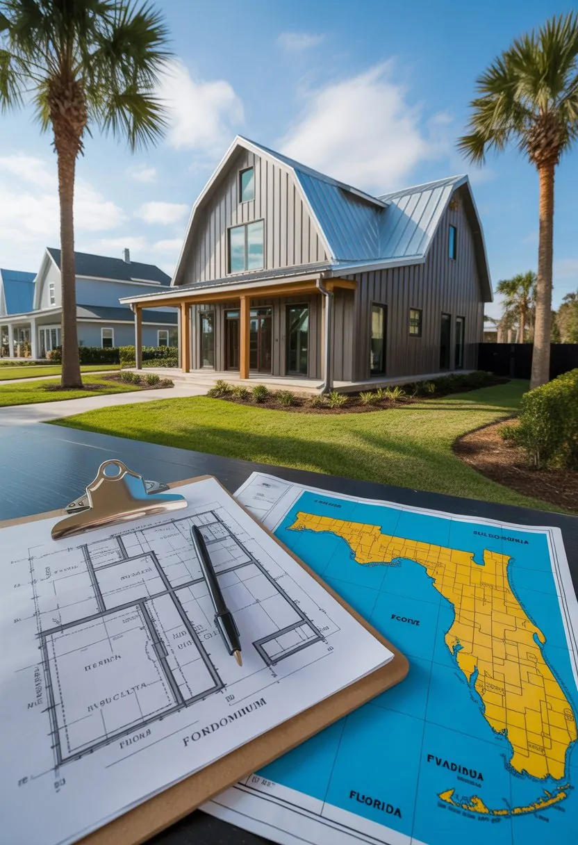 A modern barndominium house in a sunny Florida neighborhood with palm trees, architectural plans, and a map on a table nearby.