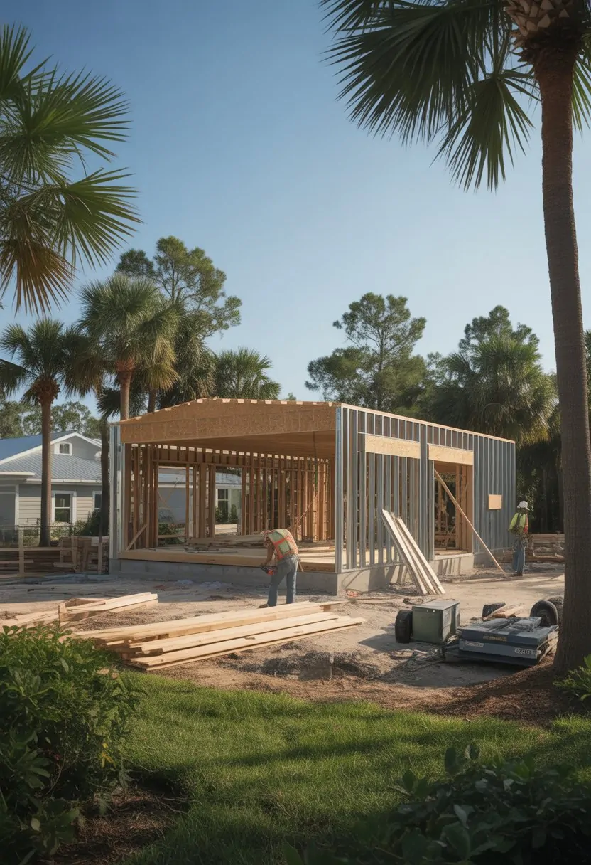 A barndominium under construction in a sunny Florida area with palm trees and construction workers on site.