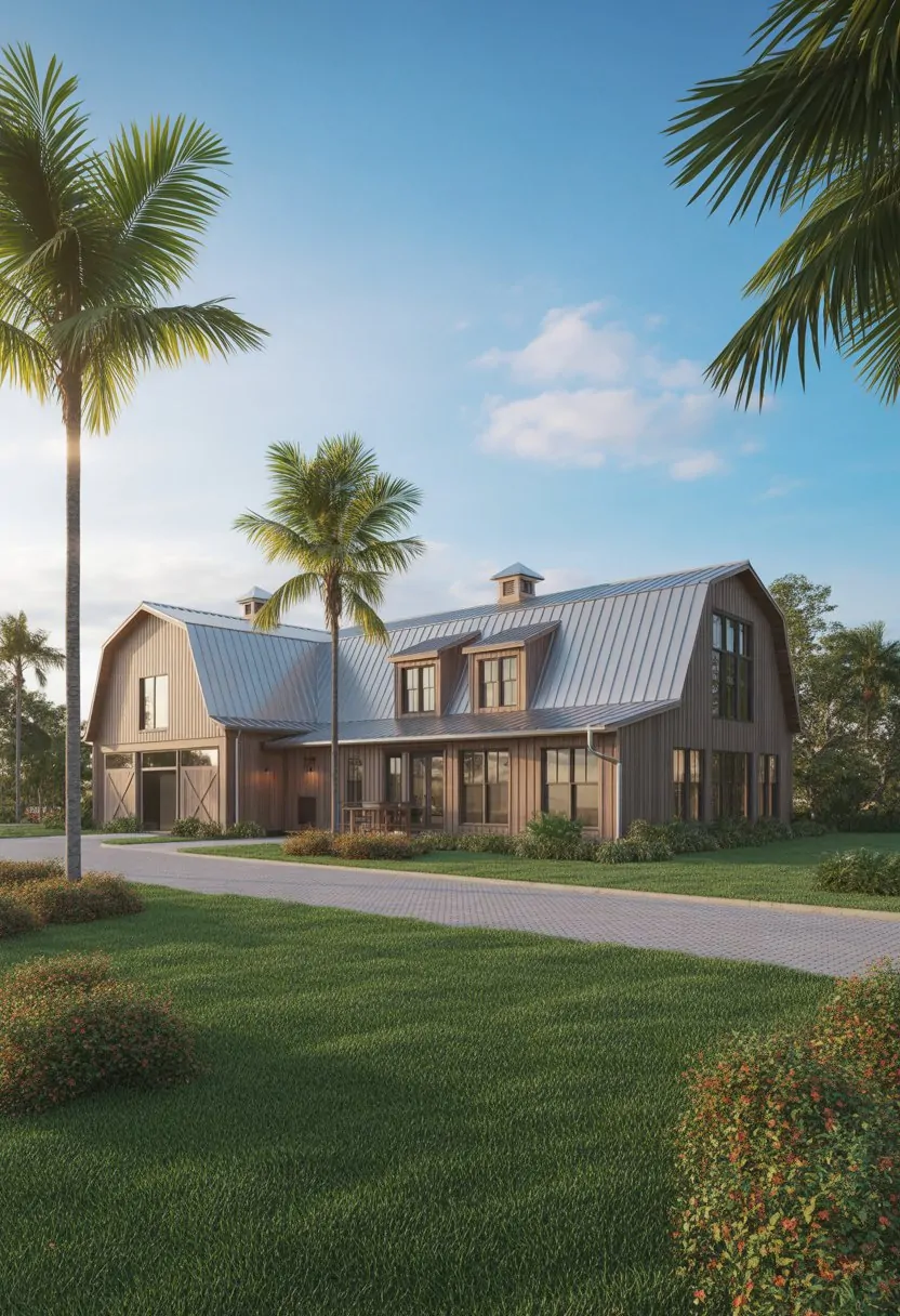 A modern barndominium house surrounded by palm trees and greenery under a clear blue sky.